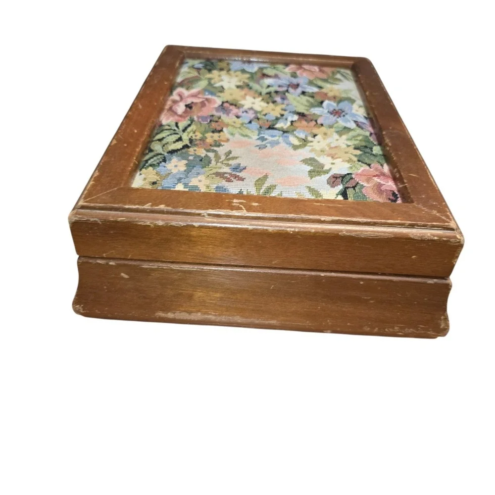 Vintage Jewelry Box Wood London Leather Co Floral Tapestry Red Velvet Lining